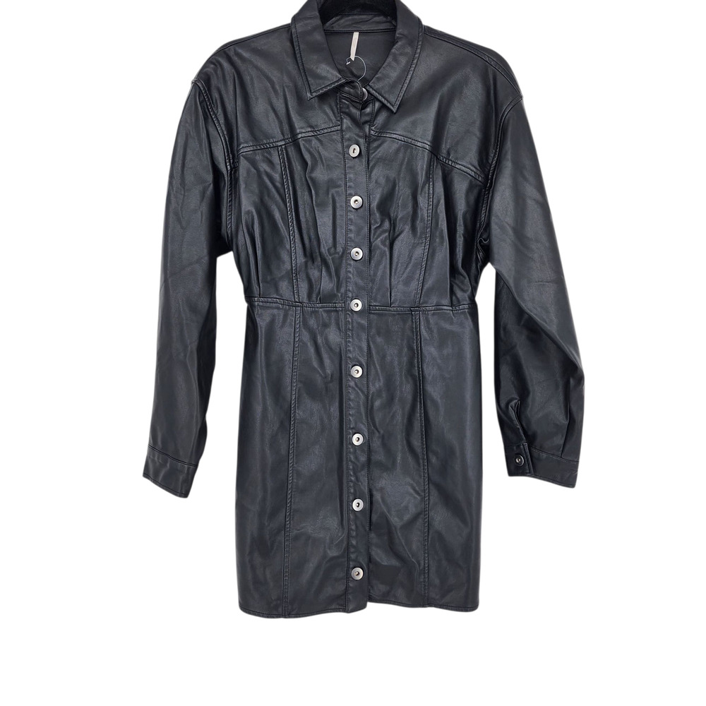 Free People X Amber Black Faux Button Front Long Sleeve Mini Dress Size 2 NEW